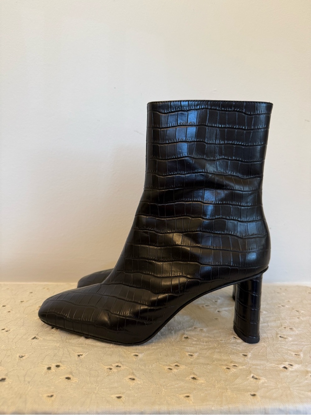 Reformation Black Croc Embossed Square Toe Boots 8 MSRP $410